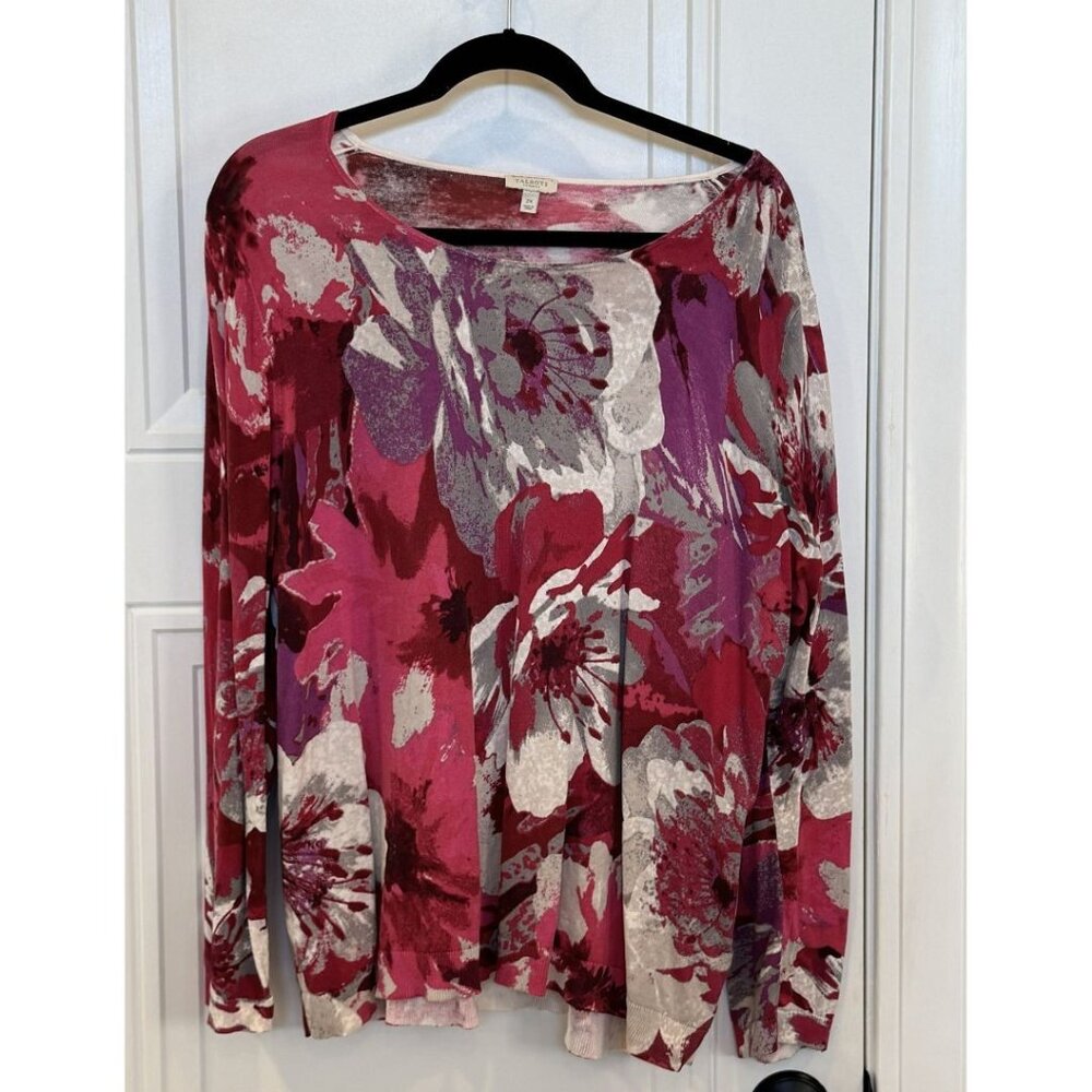Talbots 2xl Long-Sleeve Pink Red Grey Cream Floral Print T-Shirt EUC Casual